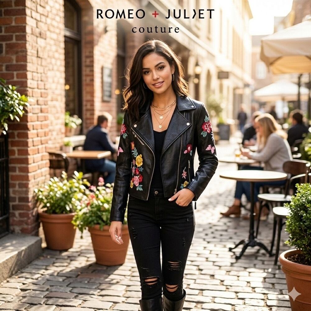 Romeo & Juliet Couture Embroidered Faux Leather Moto Jacket